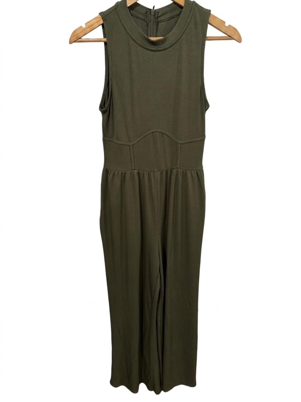 Cider Olive Green Sleeveless Ribbed Knit Wide Leg Jumpsuit Small